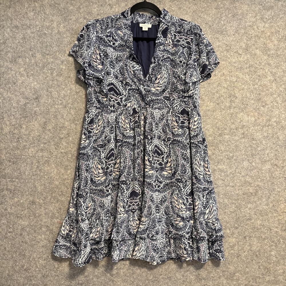 Sundance Dress Women Size PM Blue Geometric Flutter Sleeve Lined Boho Ruffle Hem